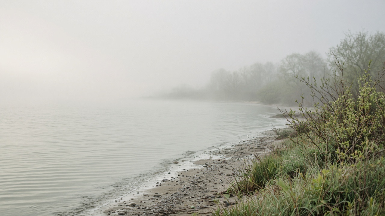 A pale shoreline in mist